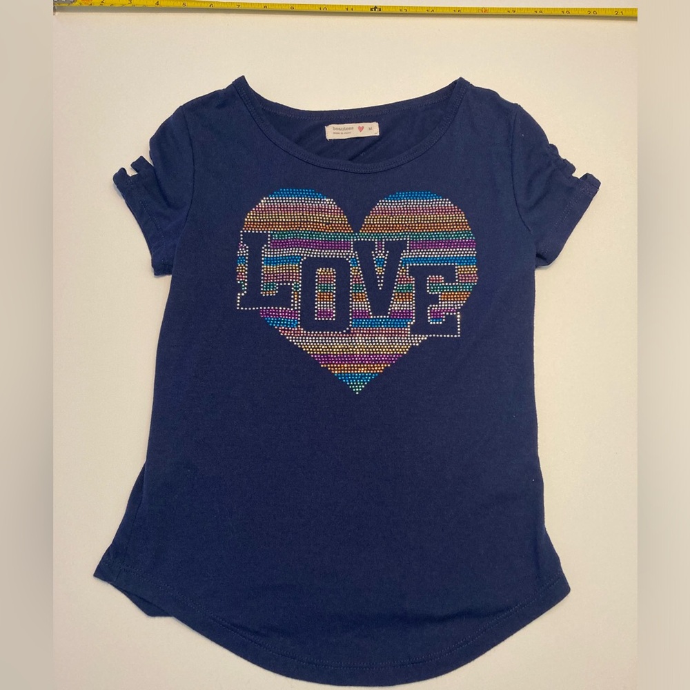 Beautees bedazzled “Love” Tee. Peek-a-boo sleeves. Navy size medium